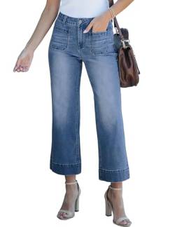 luvamia Jeans mit weitem Bein für Damen, trendige Schlagjeans mit hoher Taille, kurze Denim-Hose, dehnbar, Baggy mit aufgesetzten Taschen, Kobaltblau, Groß von luvamia