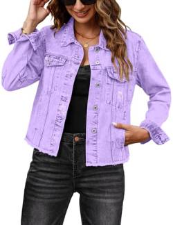 luvamia Jeansjacke für Damen, Jeansjacke im Used-Look, Knopfleiste, Vintage-Stil, Western-Trucker-Jacke, ausgefranster Saum, Taschen, Lilac Breeze, Medium von luvamia