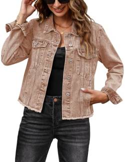 luvamia Jeansjacke für Frauen 2023 Distressed Jeans Jacken Knopfleiste Vintage Western Trucker Jacke ausgefranste Saum Taschen, Brauner Zucker - Stone Wash, L von luvamia