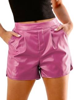 luvamia Kunstleder-Shorts für Damen, hoch gewaschen, plissiert, seitlicher Schlitz, Kunstleder-Shorts mit elastischen Taillentaschen, Knallpink (Hot Pink), XX-Large von luvamia