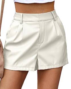 luvamia Kunstleder-Shorts für Damen, hohe Taille, plissiert, weites Bein, dehnbare Shorts mit Taschen, kurze PU-Lederhose, antik-weiß, X-Groß von luvamia
