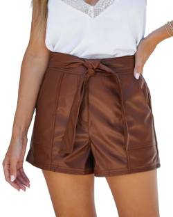 luvamia Kunstleder-Shorts für Damen, hohe Taille, weites Bein, dehnbare Taille, Shorts mit Taschen, Gürtel, kurze PU-Lederhose, Rustikales Braun, Groß von luvamia