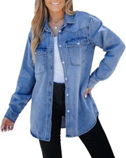 luvamia Lange Jeansjacke für Damen, leicht, trendig, Jeans, Button-Down-Shirts, Jacken, übergroße Shackets mit Taschen, Mitternachtsblau, XL von luvamia