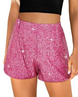 luvamia Pailletten-Shorts für Damen, trendig, hohe Taille, dehnbar, glitzernd, kurze Urlaubsparty-Outfits, Knallpink (Hot Pink), Mittel von luvamia