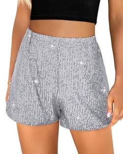 luvamia Pailletten-Shorts für Damen, trendig, hohe Taille, dehnbar, zum Überziehen, glitzernd, kurze Hose, Urlaub, Party-Outfits, silber, Mittel von luvamia