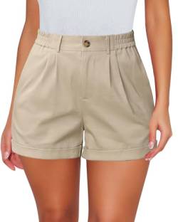 luvamia Shorts für Damen, hohe Taille, elegant, lässig, Baumwolle, Stretch-Twill, elastisch, plissiert, Sommer-Shorts mit Tasche, Beige, Klein von luvamia