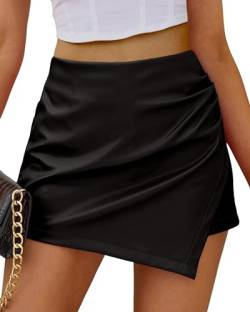 luvamia Shorts für Frauen Kunstleder Skorts Hohe Taille PU Leder Shorts Elastische Taille Geraffte Wrap Skorts Röcke, Schwarz, XX-Large von luvamia