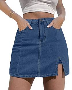 luvamia Skorts Röcke für Damen Denim Minirock Seitenschlitz mit hoch taillierter Jeansshorts dehnbar, Mittelblau, Groß von luvamia