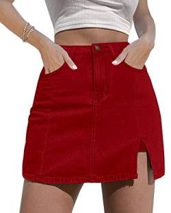 luvamia Skorts Röcke für Damen Denim Minirock Seitenschlitz mit hoher Taille Jeansshorts dehnbar, Echtes Rot, Groß von luvamia