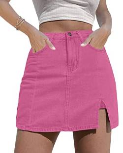 luvamia Skorts Röcke für Damen Denim Minirock Seitenschlitz mit hoher Taille Jeansshorts dehnbar, Knallpink (Hot Pink), Groß von luvamia