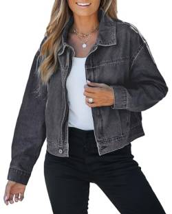luvamia Übergroße Jeansjacke Frauen Cropped Zip Up Denim Jacken Leichte Trucker Shacket mit Taschen Western Trendy, Vintage-Schwarz, XXL von luvamia