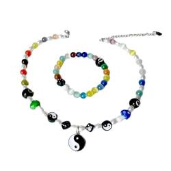 lxuebaix Buntes Katzenauge-Stein-Armband, Paar-Armreifen, Punk-Yin-Yang-Glasurperlen, Halsband-Halskette für Damen und Herren, Schmuck, Geschenk von lxuebaix