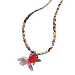 lxuebaix Harz-Fisch-Anhänger-Halskette, leichte Perlen-Schlüsselbeinkette, süße coole Goldfisch-Halskette, Böhmen-Reisperlen-Halsband von lxuebaix