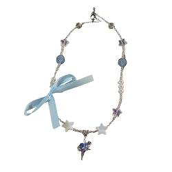 lxuebaix Süße Herz-Anhänger-Halskette, koreanische Perlen-Perlen-Choker, böhmische Schleife, kurze Halsketten, ästhetischer Schmuck, Geschenk für Frauen von lxuebaix
