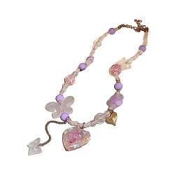 lxuebaix Süße Perlen-Halskette für Frauen und Mädchen, koreanischer Herz-Schmetterlings-Anhänger, Schlüsselbeinkette, Sommer-Halskette, Schmuck von lxuebaix