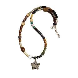 lxuebaix Vintage schwarzes Seil-Halsband, handgefertigt, Natursteinperlen, Stern-Anhänger-Halskette für Frauen, Pullover-Kette, ästhetischer Schmuck, Halskette 1# von lxuebaix