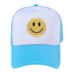 lycycse Smile Face Hat Damen Mesh Neon Trucker Hüte mit Pailletten Smile Patch Preppy Hat Retro Baseball Cap, Blau, Einheitsgr��e von lycycse
