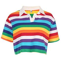 Damen T-Shirt mit Regenbogen-Streifen, koreanischer Stil, Turn-Down-Kragen, Crop Tops - mehrfarbig - Groß von malianna