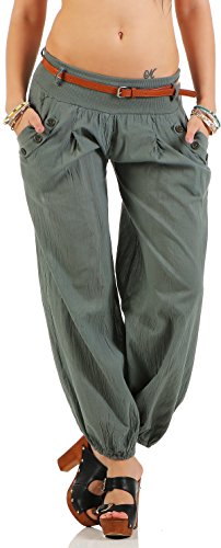 Malito Damen Chino Hose in Uni Farben | Freizeithose mit Gürtel | Sommerhose für den Strand | Haremshose - Pumphose 6017 (Oliv, S) von malito more than fashion