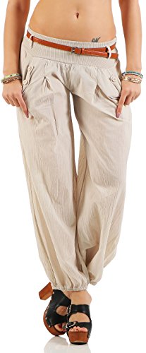 Malito Damen Chino Hose in Uni Farben | Freizeithose mit Gürtel | Sommerhose für den Strand | Haremshose - Pumphose 6017 (beige, M) von malito more than fashion