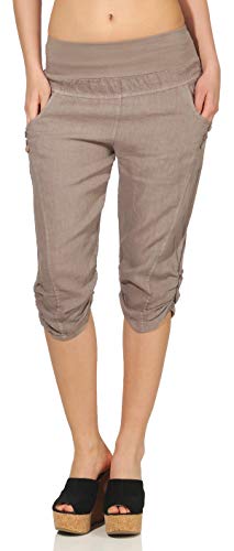 Malito Damen Hose aus Leinen | Stoffhose in Uni Farben | Freizeithose mit Knöpfen | Chino - Capri - Strandhose 7988 (Fango, M) von malito more than fashion