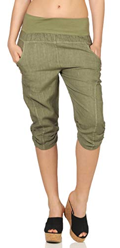 Malito Damen Hose aus Leinen | Stoffhose in Uni Farben | Freizeithose mit Knöpfen | Chino - Capri - Strandhose 7988 (Oliv, L) von malito more than fashion