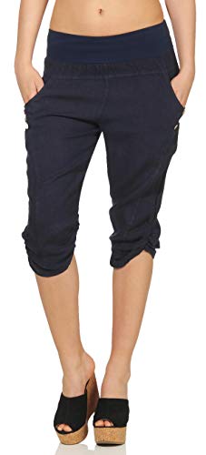 Malito Damen Hose aus Leinen | Stoffhose in Uni Farben | Freizeithose mit Knöpfen | Chino - Capri - Strandhose 7988 (dunkelblau, L) von malito more than fashion