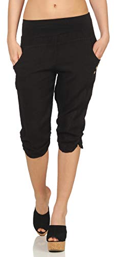 Malito Damen Hose aus Leinen | Stoffhose in Uni Farben | Freizeithose mit Knöpfen | Chino - Capri - Strandhose 7988 (schwarz, XXL) von malito more than fashion