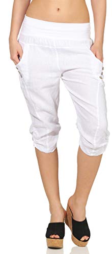 Malito Damen Hose aus Leinen | Stoffhose in Uni Farben | Freizeithose mit Knöpfen | Chino - Capri - Strandhose 7988 (weiß, L) von malito more than fashion
