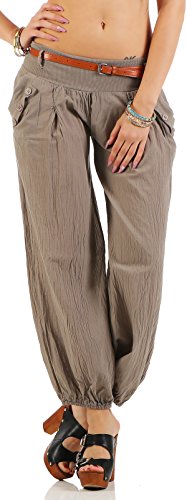 malito Damen Chino Hose in Uni Farben | Freizeithose mit Gürtel | Sommerhose für den Strand | Haremshose - Pumphose 6017 (fango, XL) von malito more than fashion