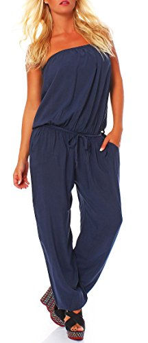 malito Damen Einteiler in Uni Farben | Overall mit Stoffgürtel | Jumpsuit - Hosenanzug - Romper 4538 (dunkelblau) von malito more than fashion
