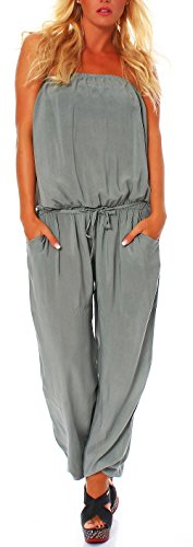 malito Damen Einteiler in Uni Farben | Overall mit Stoffgürtel | Jumpsuit - Hosenanzug - Romper 4538 (oliv) von malito more than fashion