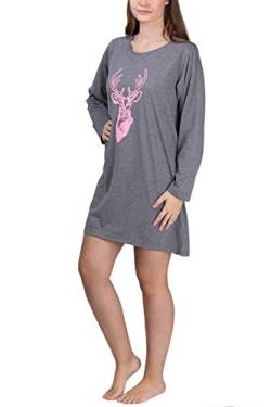 maluuna Damen Nachthemd Langarm mit Hirschmotiv aus 100% Baumwolle von Größe S - XL, Farbe:grau-Melange, Größe:L von maluuna