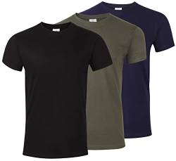 3-er Pack T-Shirts für Herren in Basic Farben mit guter Passform. Schwarz Khaki Dunkelblau L von mama band
