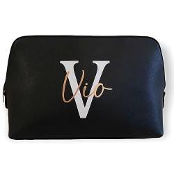 Kosmetiktasche personalisiert Initial + Name, Schminktasche, Kulturtasche für Damen, Geschenk Frauen Geburtstag Weihnachten Schminke Beauty Make-Up (groß, schwarz) von mamir home