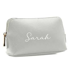 Kosmetiktasche personalisiert Name, Schminktasche, Kulturtasche für Damen, Geschenk Frauen, Schminke Beauty Make-Up, Brautjungfer, Mädchen Geburtstag (M, grau) von mamir home