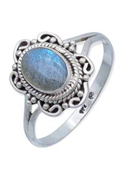 mantraroma Ring 925 Silber Labradorit grün blauer Stein Edelstein echt Silber Damen Sterling Silber Geschenk (MRG-122-05-(56)) von mantraroma