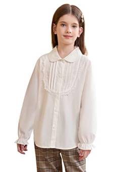 maoo garden Mädchen Weiße Bluse Peter Pan Rüsche Langarm Baumwolle Knopf Uniformkleid Hemd 2352 10Y von maoo garden