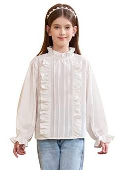 maoo garden Mädchen weiße Bluse Peter Pan Rüsche Langarm Baumwolle Knopfleiste Uniformkleidung Hemden 2350 10Y von maoo garden