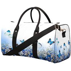 Hortensien und blaue Schmetterlinge, Reisetasche, faltbar, Sporttasche, Turnbeutel, Wochenendtasche, Workout-Tasche, Übernachtung, Schultertasche, Handgepäck, Grifftasche für Damen und Herren, metallisch von meathur