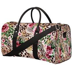 Tiertiger Leopardenmuster Blumen Streifen - Reisetasche Faltbare Sporttasche Turnbeutel Weekender Tasche Workout Tasche Übernachtung Schultertasche Handgepäck Griff Tasche für Damen Herren, metallisch von meathur