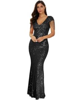 Damen V-Ausschnitt Pailletten Meerjungfrau Kleid Langes Abschlussball Abend Party Kleid, schwarz, Groß von meilun