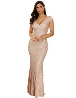 Damen Voller Pailletten Glitzer V Ausschnitt Perlen Maxi Kleid Abend Lang Ballkleid - Beige - Groß von meilun