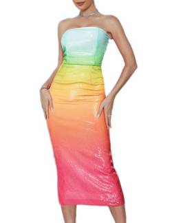 Regenbogen trägerlosen Pailletten Maxikleid Rücken Schlitz Prom Abendkleider Cocktail Party Kleider, Mehrfarbig, S von meilun