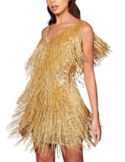 meilun Damen-Kleid mit Pailletten-Fransen, 1920er-Jahre, inspiriert von Flapper, Party-Tanzkleid, G-Gold, Mittel von meilun
