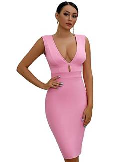 meilun Damen Kleid mit tiefem V-Ausschnitt, figurbetont, Abendkleid, Hochzeit, Party, rose, Groß von meilun