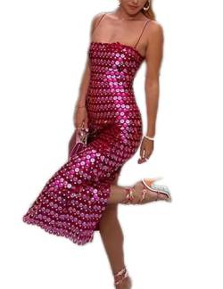 meilun Sparkly Damen Spaghettiträger Pailletten Kleider Formale Abendkleider Kleid Urlaub Maxikleid, A-hotpink, Groß von meilun