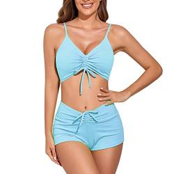 eioro Solider Badeanzug für Damen Bikini-Shorts zum Binden vorne Zweiteilige Badebekleidung Sportliche Badeanzüge Badeanzug mit hoher Taille(Himmelblau,XL) von meioro