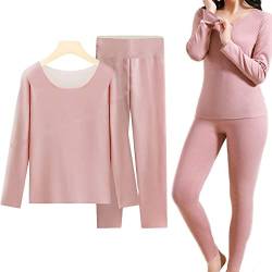 meioro Funktionsunterwäsche Damen, Rundhalsausschnitt Thermounterwäsche Sets,Fleece gefütterte Skiunterwäsche Warme Hohe Taille Lang Leggings, Damen Basisschicht Unterwasche Set (Rosa, XL) von meioro