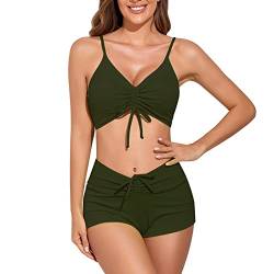 meioro Solider Badeanzug für Damen Bikini-Shorts zum Binden vorne Zweiteilige Badebekleidung Sportliche Badeanzüge Badeanzug mit hoher Taille(Armeegrün,S) von meioro